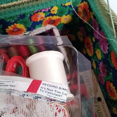 LOT 93: Sewing Boxes with Sewing Notions, Button Filled Ball Jar Lamp & More
