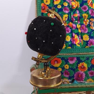 LOT 93: Sewing Boxes with Sewing Notions, Button Filled Ball Jar Lamp & More