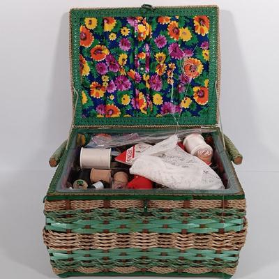 LOT 93: Sewing Boxes with Sewing Notions, Button Filled Ball Jar Lamp & More