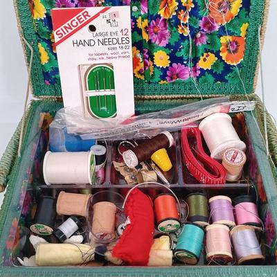 LOT 93: Sewing Boxes with Sewing Notions, Button Filled Ball Jar Lamp & More