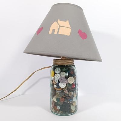 LOT 93: Sewing Boxes with Sewing Notions, Button Filled Ball Jar Lamp & More