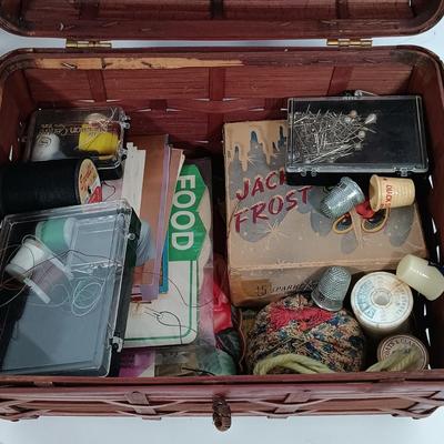 LOT 93: Sewing Boxes with Sewing Notions, Button Filled Ball Jar Lamp & More