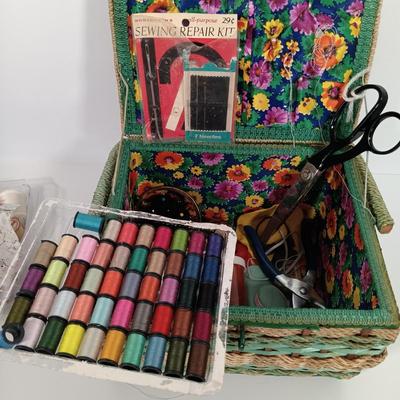 LOT 93: Sewing Boxes with Sewing Notions, Button Filled Ball Jar Lamp & More
