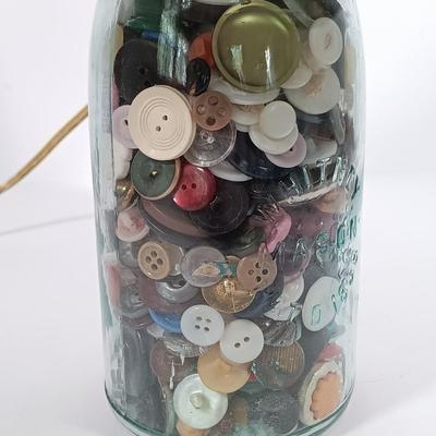 LOT 93: Sewing Boxes with Sewing Notions, Button Filled Ball Jar Lamp & More