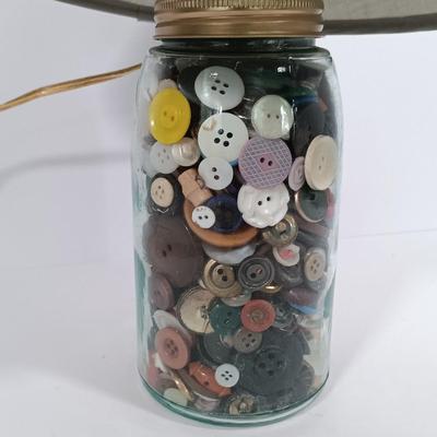 LOT 93: Sewing Boxes with Sewing Notions, Button Filled Ball Jar Lamp & More