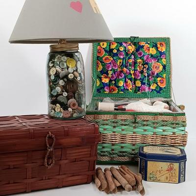 LOT 93: Sewing Boxes with Sewing Notions, Button Filled Ball Jar Lamp & More