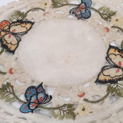 LOT 94: Satsuma-Style Handpainted Vase, Hand Cut Wood Butterfly Art, Morpho Butterfly Taxidermy Trinket Box & More
