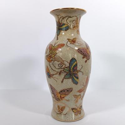 LOT 94: Satsuma-Style Handpainted Vase, Hand Cut Wood Butterfly Art, Morpho Butterfly Taxidermy Trinket Box & More