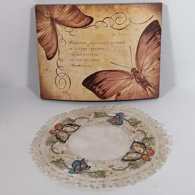LOT 94: Satsuma-Style Handpainted Vase, Hand Cut Wood Butterfly Art, Morpho Butterfly Taxidermy Trinket Box & More