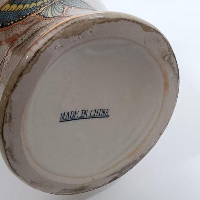 LOT 94: Satsuma-Style Handpainted Vase, Hand Cut Wood Butterfly Art, Morpho Butterfly Taxidermy Trinket Box & More