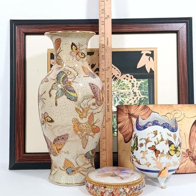 LOT 94: Satsuma-Style Handpainted Vase, Hand Cut Wood Butterfly Art, Morpho Butterfly Taxidermy Trinket Box & More