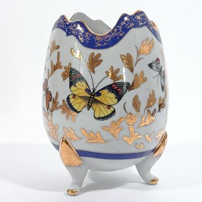 LOT 94: Satsuma-Style Handpainted Vase, Hand Cut Wood Butterfly Art, Morpho Butterfly Taxidermy Trinket Box & More