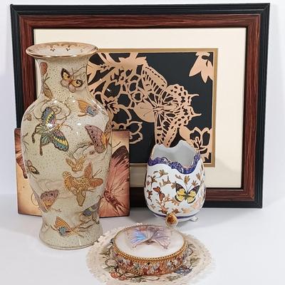 LOT 94: Satsuma-Style Handpainted Vase, Hand Cut Wood Butterfly Art, Morpho Butterfly Taxidermy Trinket Box & More