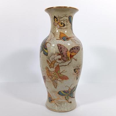 LOT 94: Satsuma-Style Handpainted Vase, Hand Cut Wood Butterfly Art, Morpho Butterfly Taxidermy Trinket Box & More