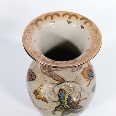 LOT 94: Satsuma-Style Handpainted Vase, Hand Cut Wood Butterfly Art, Morpho Butterfly Taxidermy Trinket Box & More