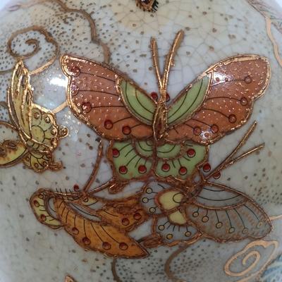 LOT 94: Satsuma-Style Handpainted Vase, Hand Cut Wood Butterfly Art, Morpho Butterfly Taxidermy Trinket Box & More