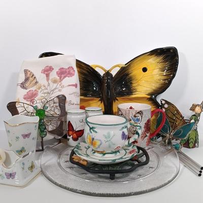 LOT 95: Butterfly Collection- Serving Dish, Trivet, Teacup, Cheese Platter & More