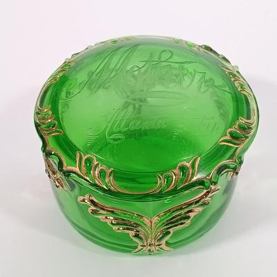 LOT 97: Portland Glass Co. Green Bud Vase, Winged Scroll Atlantic City Trinket Box & Stretched Neck Bud Vase