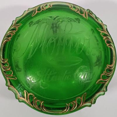 LOT 97: Portland Glass Co. Green Bud Vase, Winged Scroll Atlantic City Trinket Box & Stretched Neck Bud Vase