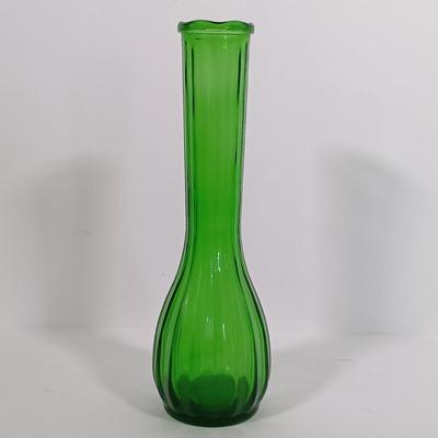 LOT 97: Portland Glass Co. Green Bud Vase, Winged Scroll Atlantic City Trinket Box & Stretched Neck Bud Vase