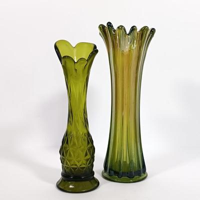 LOT 98: Green Iridescent Carnival Glass Vase with Pressed Glass Avocado Green Vase