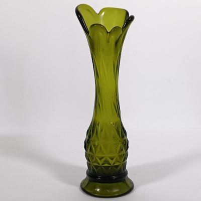 LOT 98: Green Iridescent Carnival Glass Vase with Pressed Glass Avocado Green Vase