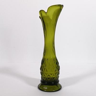 LOT 98: Green Iridescent Carnival Glass Vase with Pressed Glass Avocado Green Vase