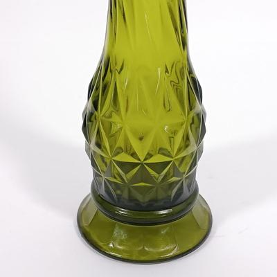LOT 98: Green Iridescent Carnival Glass Vase with Pressed Glass Avocado Green Vase