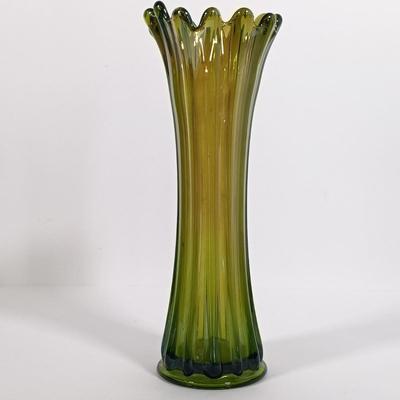 LOT 98: Green Iridescent Carnival Glass Vase with Pressed Glass Avocado Green Vase