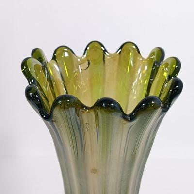 LOT 98: Green Iridescent Carnival Glass Vase with Pressed Glass Avocado Green Vase