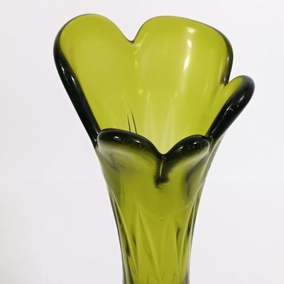 LOT 98: Green Iridescent Carnival Glass Vase with Pressed Glass Avocado Green Vase