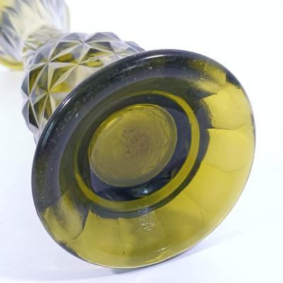 LOT 98: Green Iridescent Carnival Glass Vase with Pressed Glass Avocado Green Vase