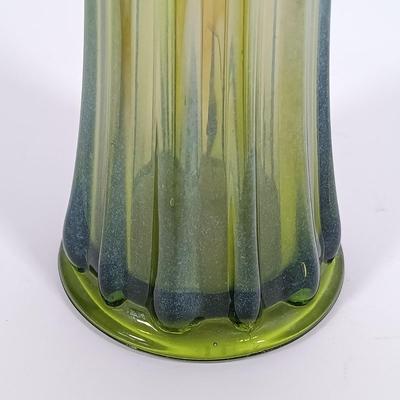 LOT 98: Green Iridescent Carnival Glass Vase with Pressed Glass Avocado Green Vase