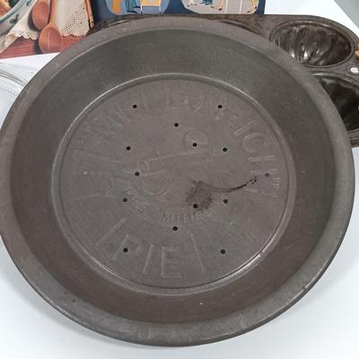 LOT 99: Vintage Kitchen Lot- Pyrex Teapot, Tin Pie Plate, Cookbooks & More