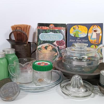 LOT 99: Vintage Kitchen Lot- Pyrex Teapot, Tin Pie Plate, Cookbooks & More