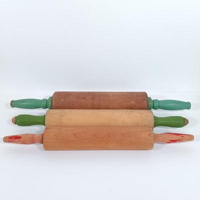 LOT 100: Imperial Milk Glass Roller with (3) Wood Rollers, Egg Beater & Wood Calendar