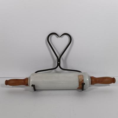 LOT 100: Imperial Milk Glass Roller with (3) Wood Rollers, Egg Beater & Wood Calendar