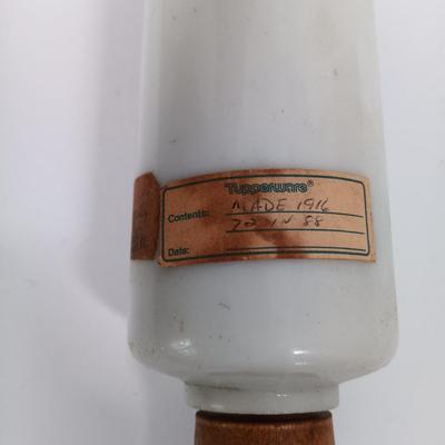 LOT 100: Imperial Milk Glass Roller with (3) Wood Rollers, Egg Beater & Wood Calendar