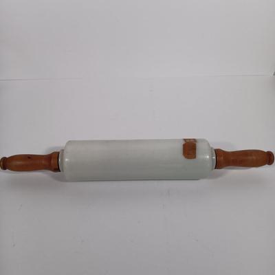 LOT 100: Imperial Milk Glass Roller with (3) Wood Rollers, Egg Beater & Wood Calendar