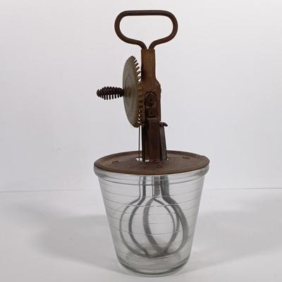 LOT 100: Imperial Milk Glass Roller with (3) Wood Rollers, Egg Beater & Wood Calendar