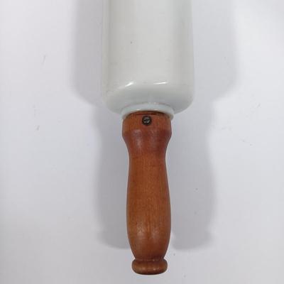 LOT 100: Imperial Milk Glass Roller with (3) Wood Rollers, Egg Beater & Wood Calendar