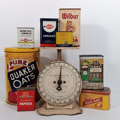 LOT 101: Columbia Family Scale with Vintage Tins
