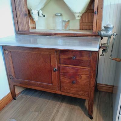 LOT 102: Antique Oak Hoosier with Glass Jars