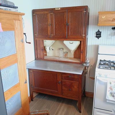 LOT 102: Antique Oak Hoosier with Glass Jars
