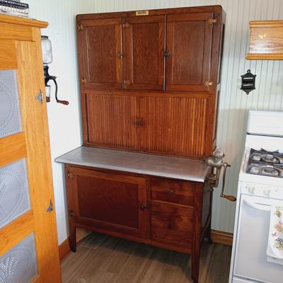 LOT 102: Antique Oak Hoosier with Glass Jars