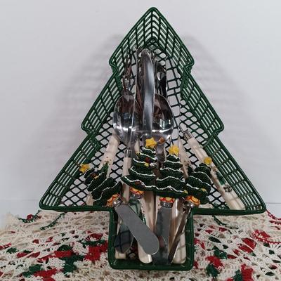 LOT 106: Lefton Holly Candy Cane Tiered Cake Plate, Nikko Holiday Flatware, Lenox Snowmen, Hand Painted Pottery Bell & More