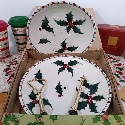 LOT 106: Lefton Holly Candy Cane Tiered Cake Plate, Nikko Holiday Flatware, Lenox Snowmen, Hand Painted Pottery Bell & More