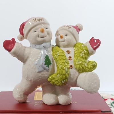 LOT 106: Lefton Holly Candy Cane Tiered Cake Plate, Nikko Holiday Flatware, Lenox Snowmen, Hand Painted Pottery Bell & More