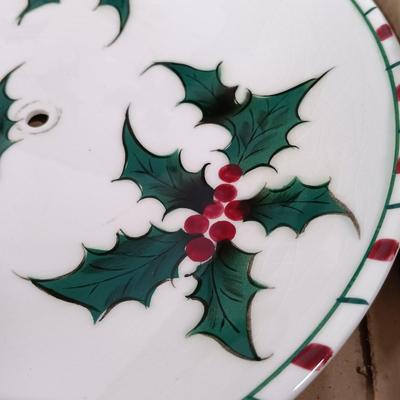 LOT 106: Lefton Holly Candy Cane Tiered Cake Plate, Nikko Holiday Flatware, Lenox Snowmen, Hand Painted Pottery Bell & More