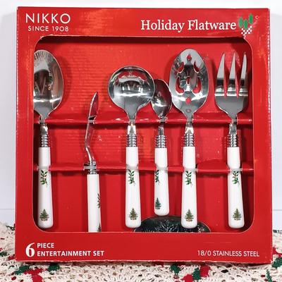 LOT 106: Lefton Holly Candy Cane Tiered Cake Plate, Nikko Holiday Flatware, Lenox Snowmen, Hand Painted Pottery Bell & More